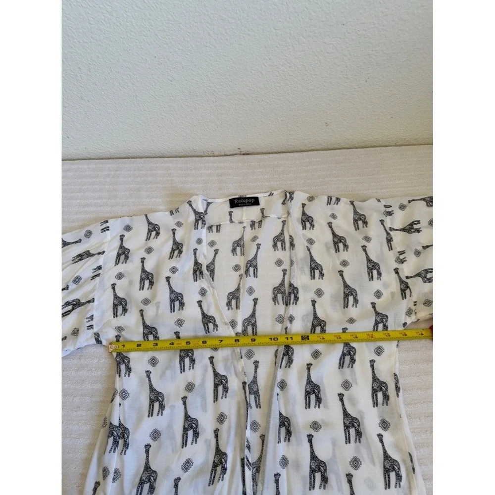 Relipop Womens Kimono Cardigan White Black Giraffe Print Boho‎ Pom Pom Trim M